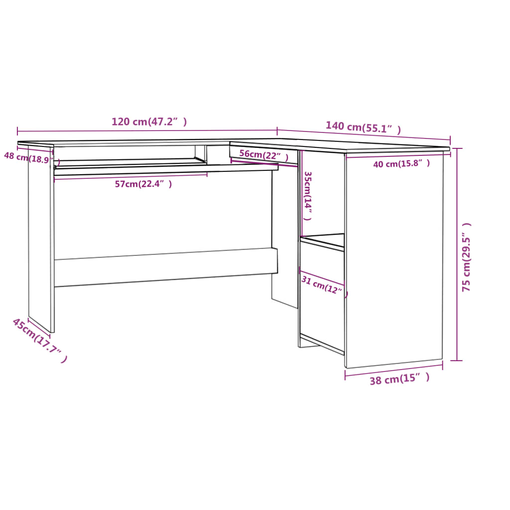 L-Shaped Corner Desk High Gloss White 120x140x75 cm Engineered Wood